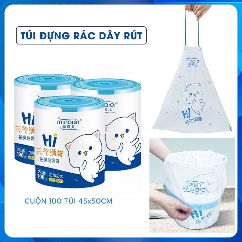 Túi đựng rác dây rút minaier 45 x 50cm hoạt hình cuộn 100 bao size to