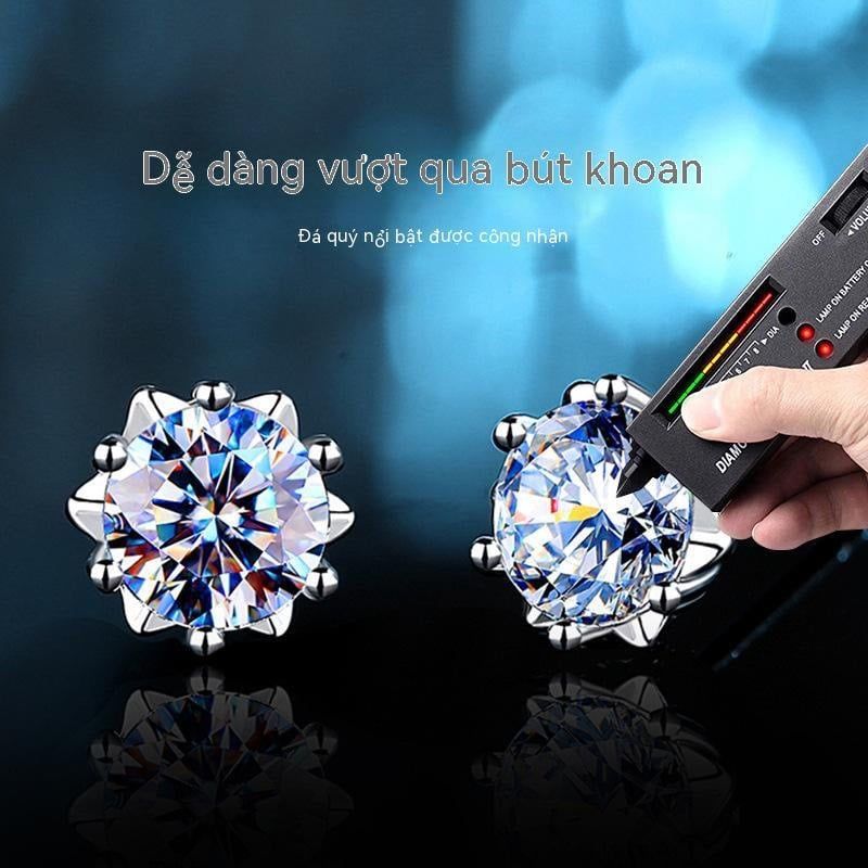 Khuyên tai Moissanite 6.8 mm đuôi vặn, bạc ý xi bạch kim, mã số cạnh, thẻ và giấy khai sinh đầy đủ kim cương nhân tạo 6.8 li