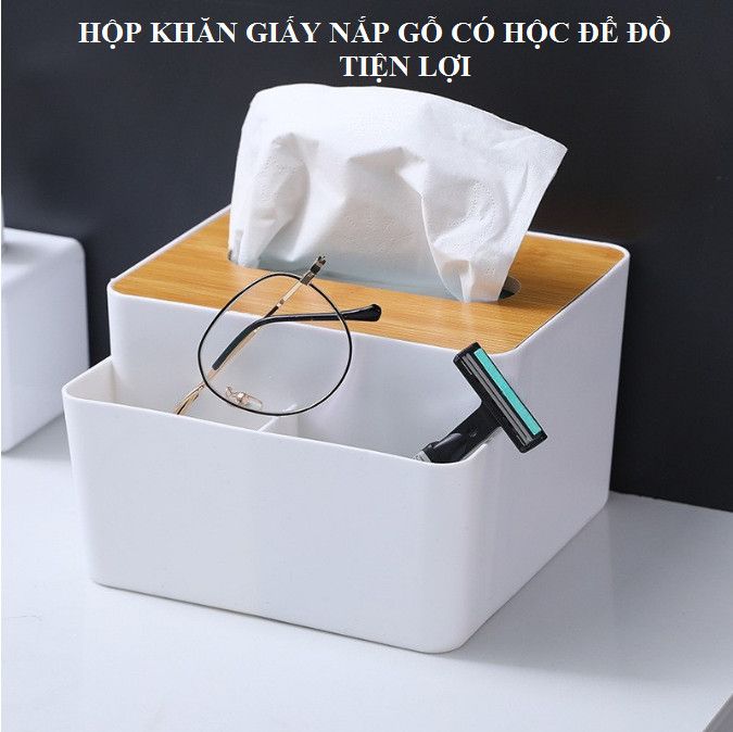 Hộp nắp gỗ đựng giấy ăn có 2 ngăn để đồ đa năng