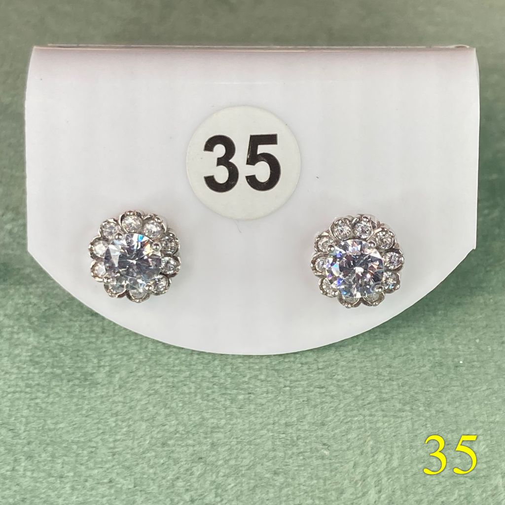 Bông tai bạc số 35, đá CZ Moissanite 5 mm, bạc ý xi kim