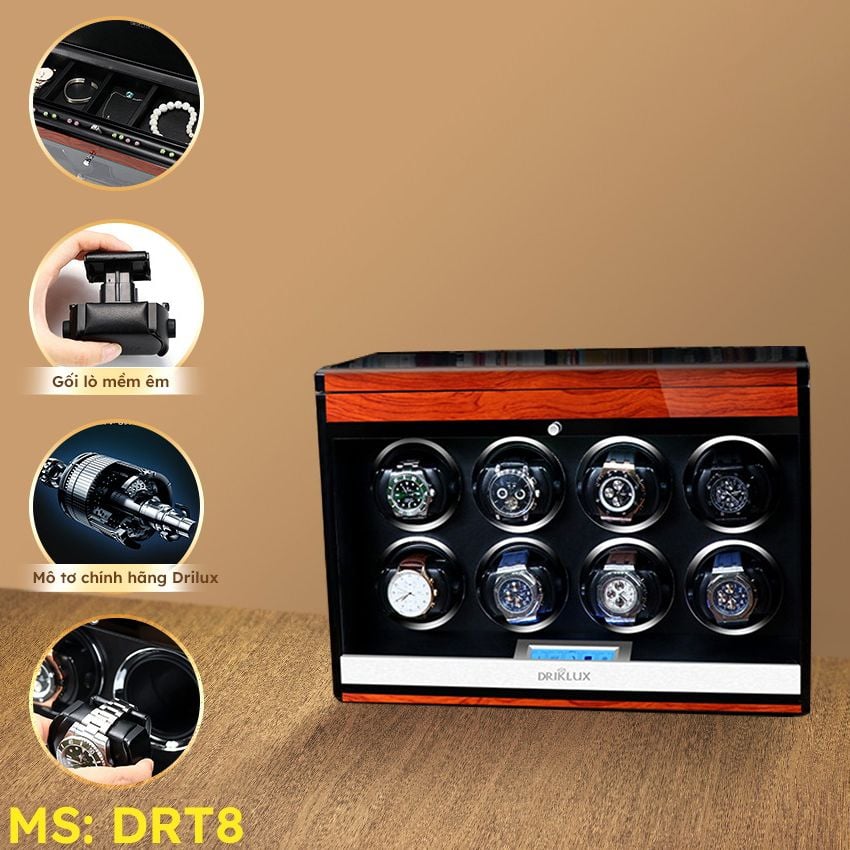 Hộp Xoay Đồng Hồ Cơ Driklux T8 Chính Hãng – DRT8 Xoay Vân gỗ đỏ