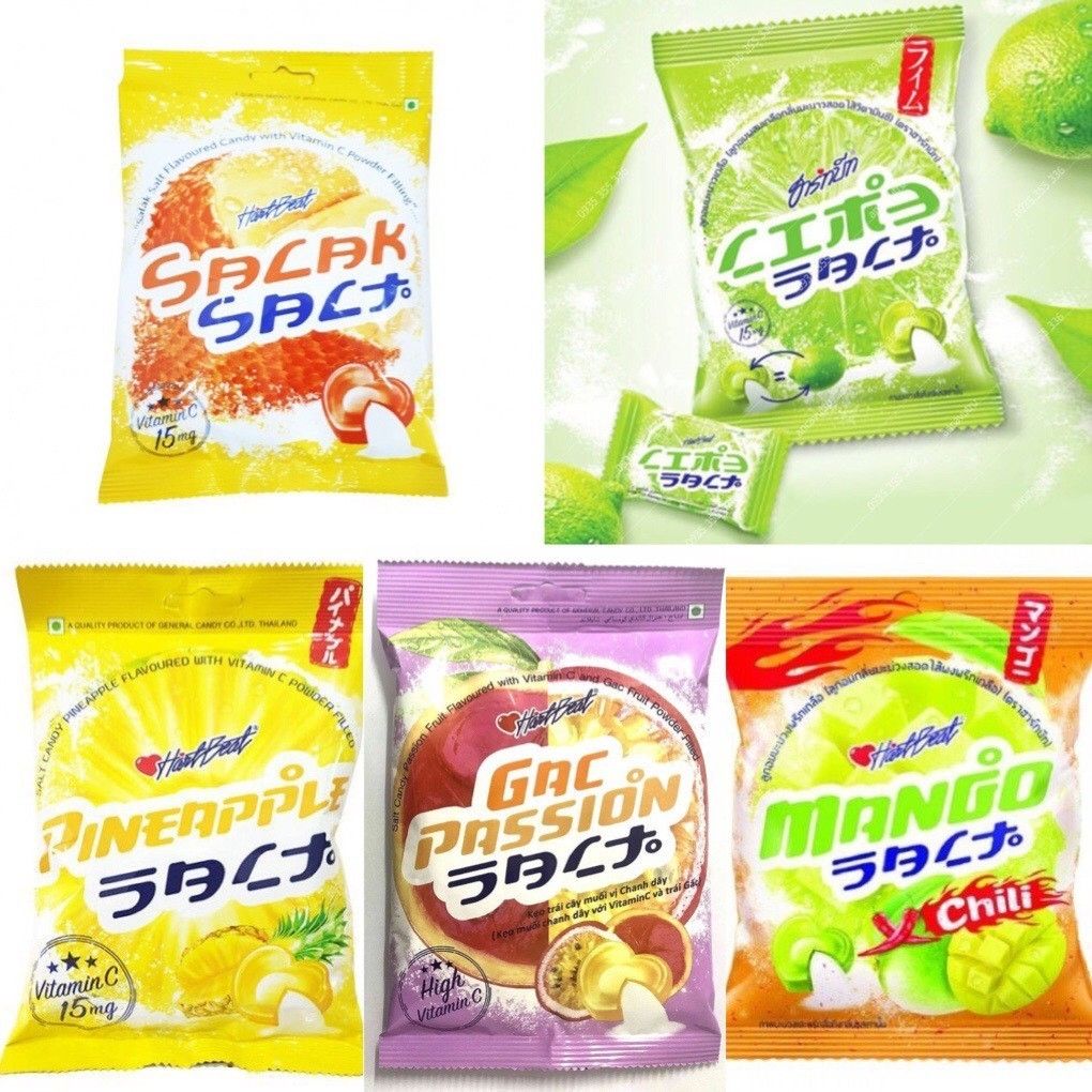 Kẹo vị Chanh Muối, Dứa Muối, Mây muối, Gấc Chanh Dây Muối của Hartbeat Thái Lan 120g / gói. Thùng 40 gói