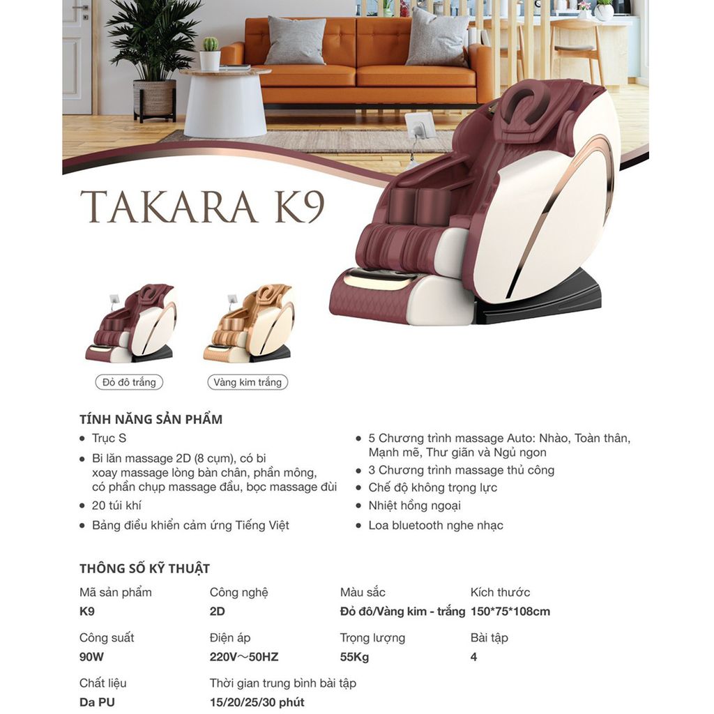 Ghế massage Takara K9 (Đỏ đô/vàng kim – trắng)