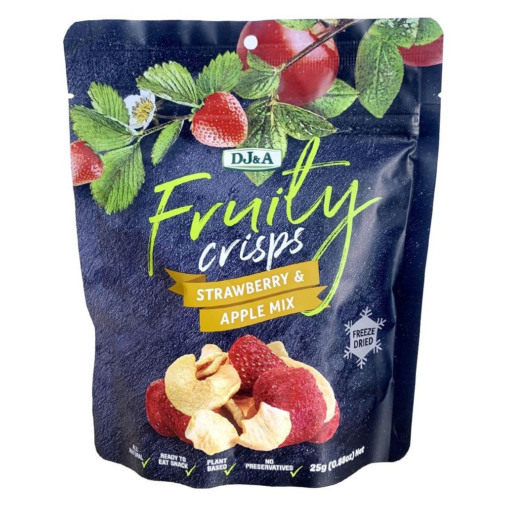 Dâu tây và táo sấy giòn DJ&A Fruity Crisps Strawberry & Apple Mix túi 25g của Úc