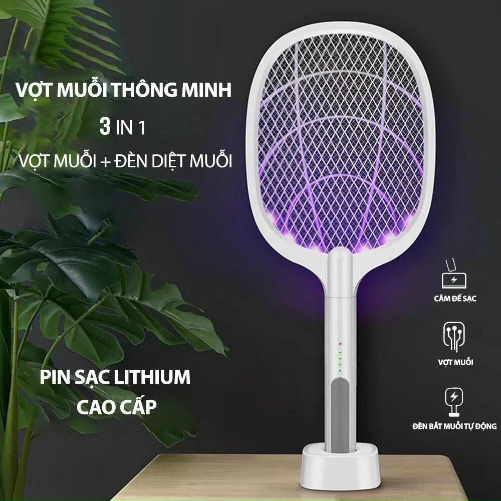 Vợt Muỗi thông minh 3in1 kiêm Đèn bắt muỗi tự động có dây sạc & đế sạc