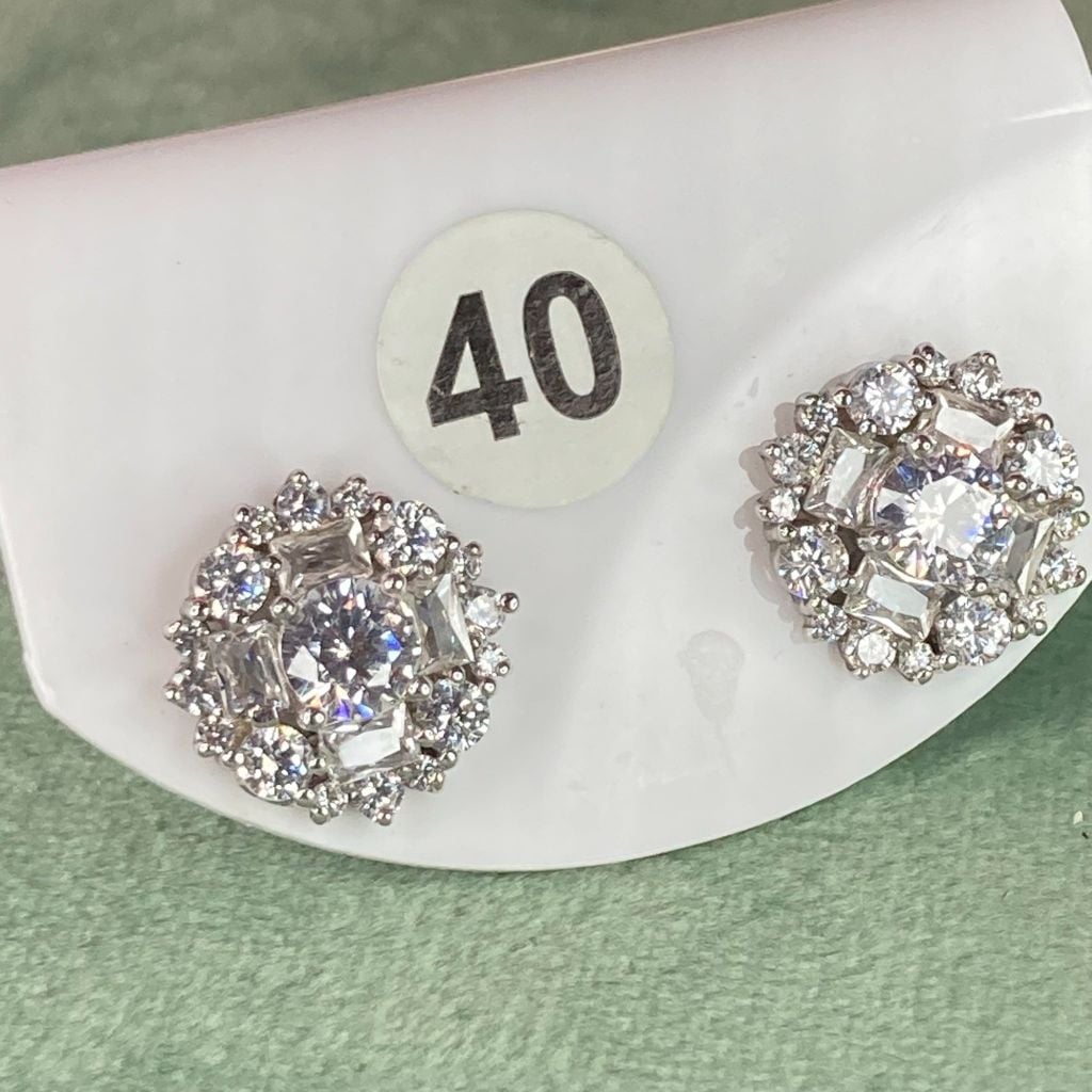 Bông tai bạc số 40, đá CZ Moissanite 4.5mm, bạc ý xi kim