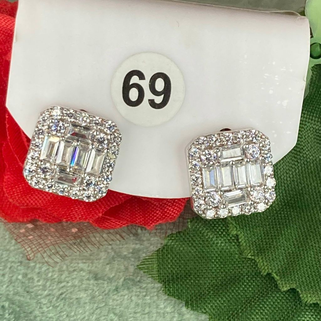 Bông tai bạc số 69, đá baguet CZ Moissanite, bạc ý xi kim