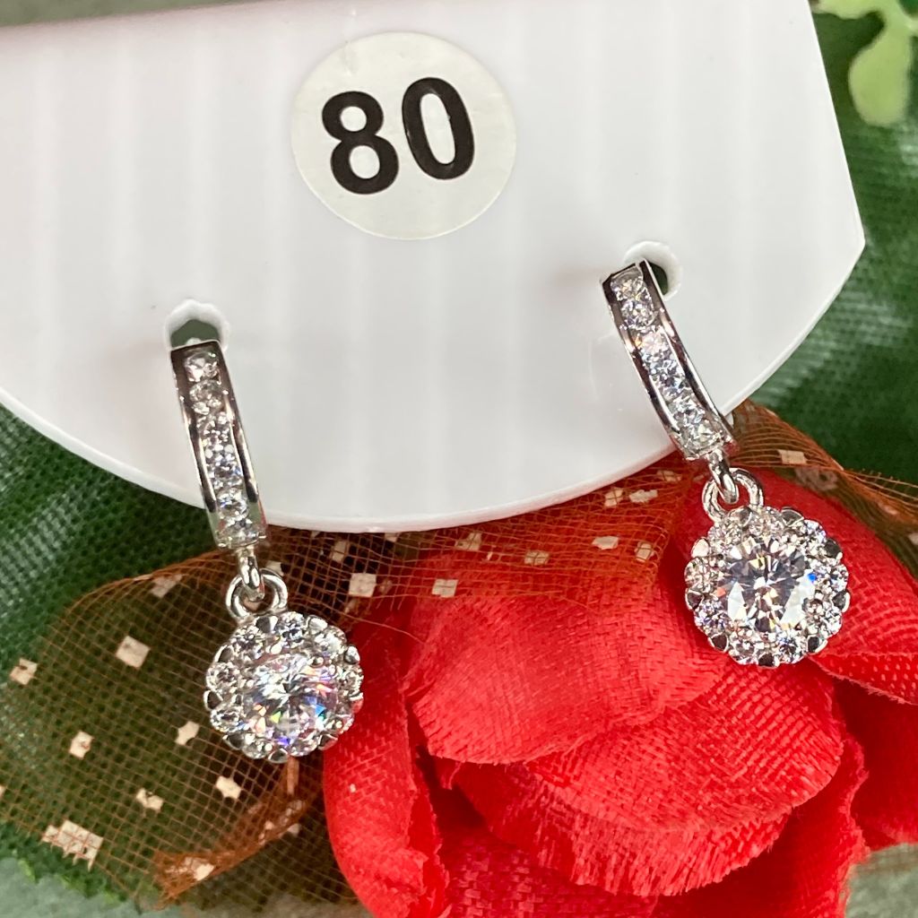 Bông tai bạc số 80, đá 4 mm CZ Moissanite, bạc ý xi kim