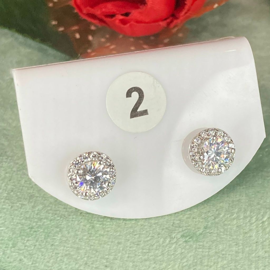 Bông tai bạc ý xi kim số 2, đá CZ Moissanite 5 mm