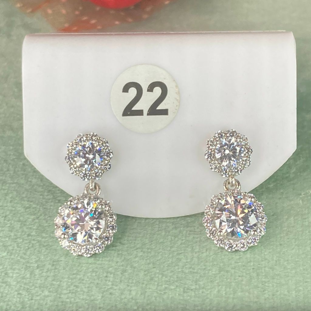 Bông tai bạc ý xi kim số 22, đá CZ Moissanite 6 mm