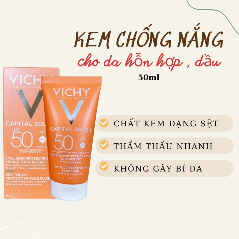 VICHY KEM CHỐNG NẮNG DA HỖN HỢP DẦU DRY TOUCH PROTECTIVE FACE FLUID 50ML