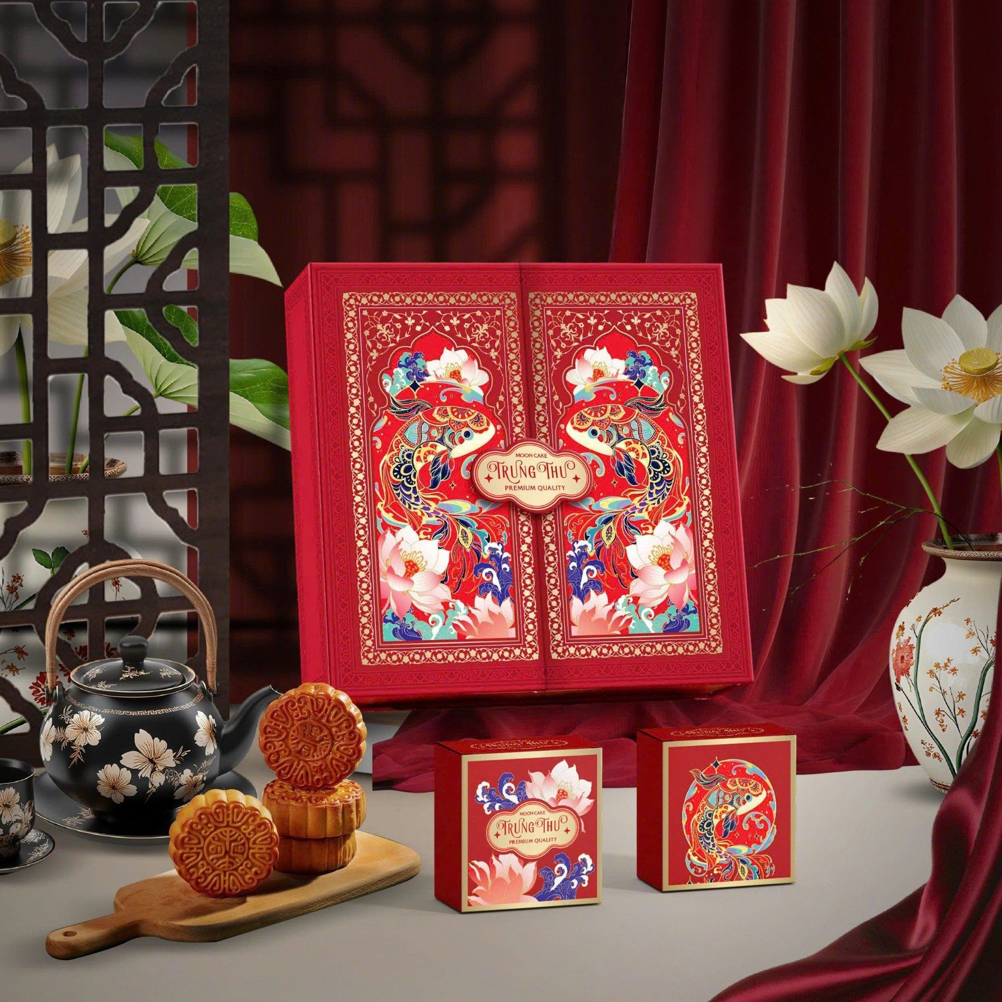 Bộ túi hộp trung thu cao cấp 4 bánh 150g - 250g Long Hoa