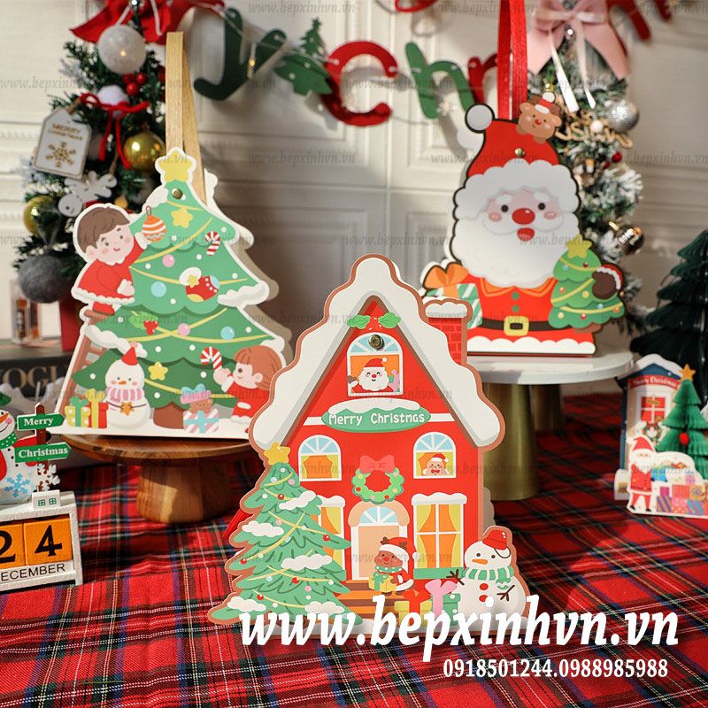 Hộp bánh kẹo Giáng Sinh quai xách cây thông ông già noel ngôi nhà