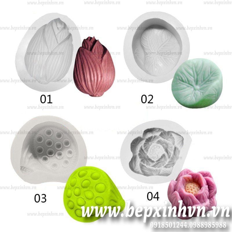 Khuôn silicon 4D hoa, lá, búp, đài sen