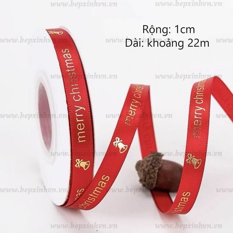 Ruy băng vải Giáng Sinh Merry Christmas nền đỏ chữ vàng kim 1cm