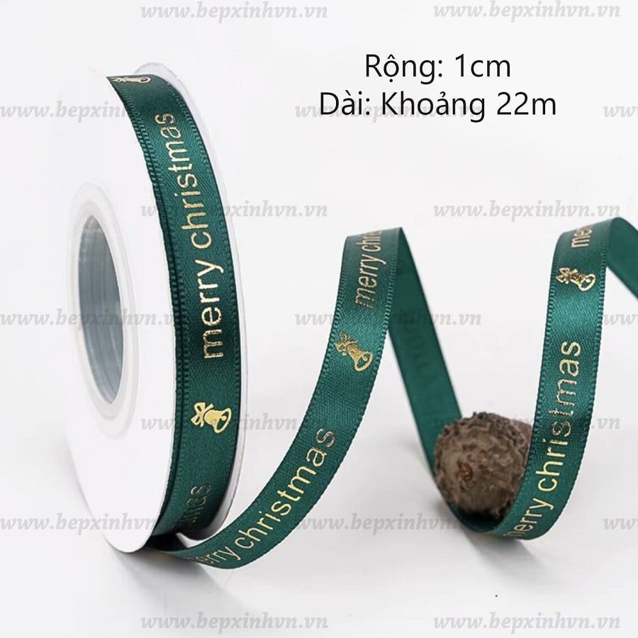 Ruy băng vải Giáng Sinh Merry Christmas nền xanh chữ vàng kim 1cm