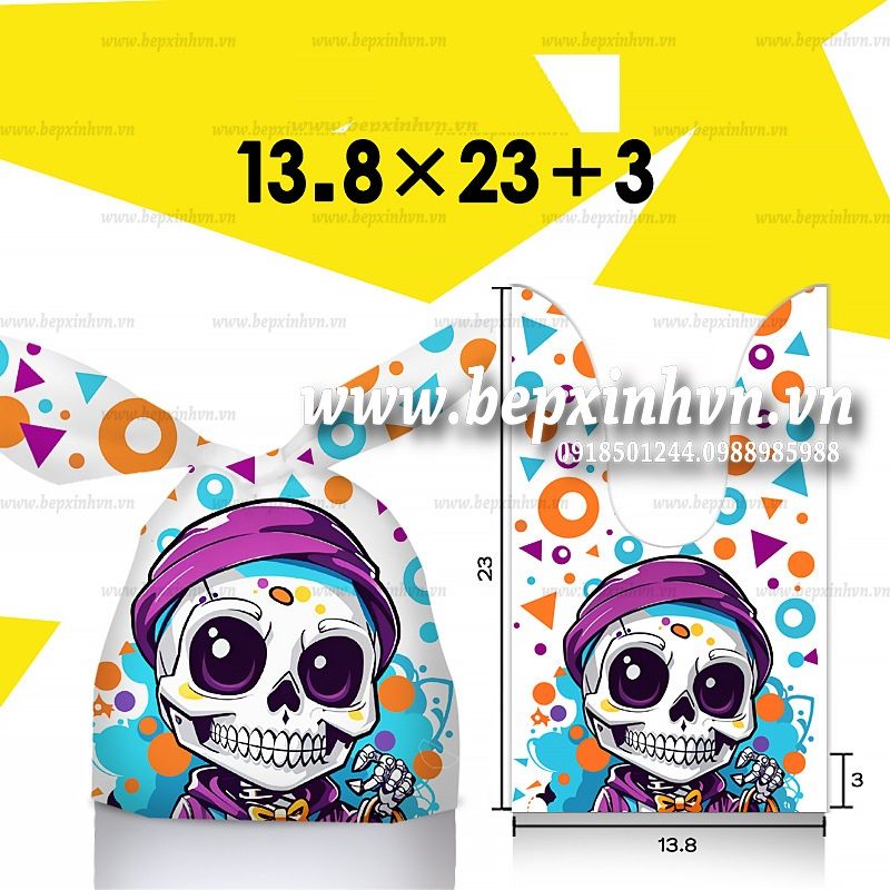 Túi tai thỏ Halloween 14x23cm đầu lâu vòng xanh cam