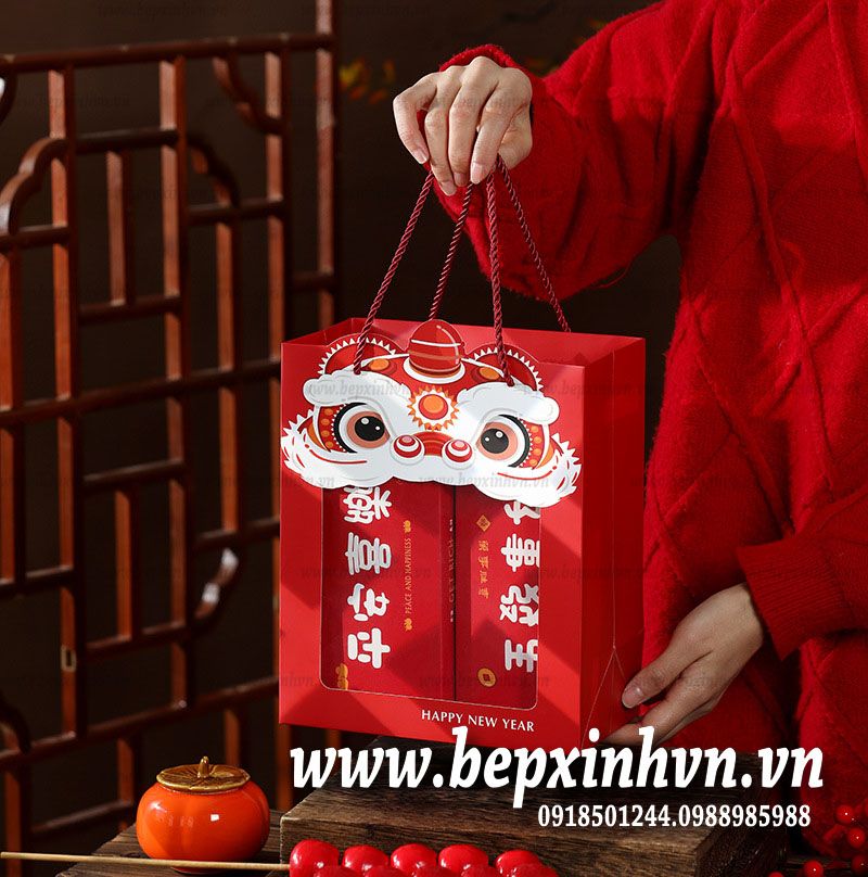 Túi Tết quai xách Happy New Year Lân đỏ