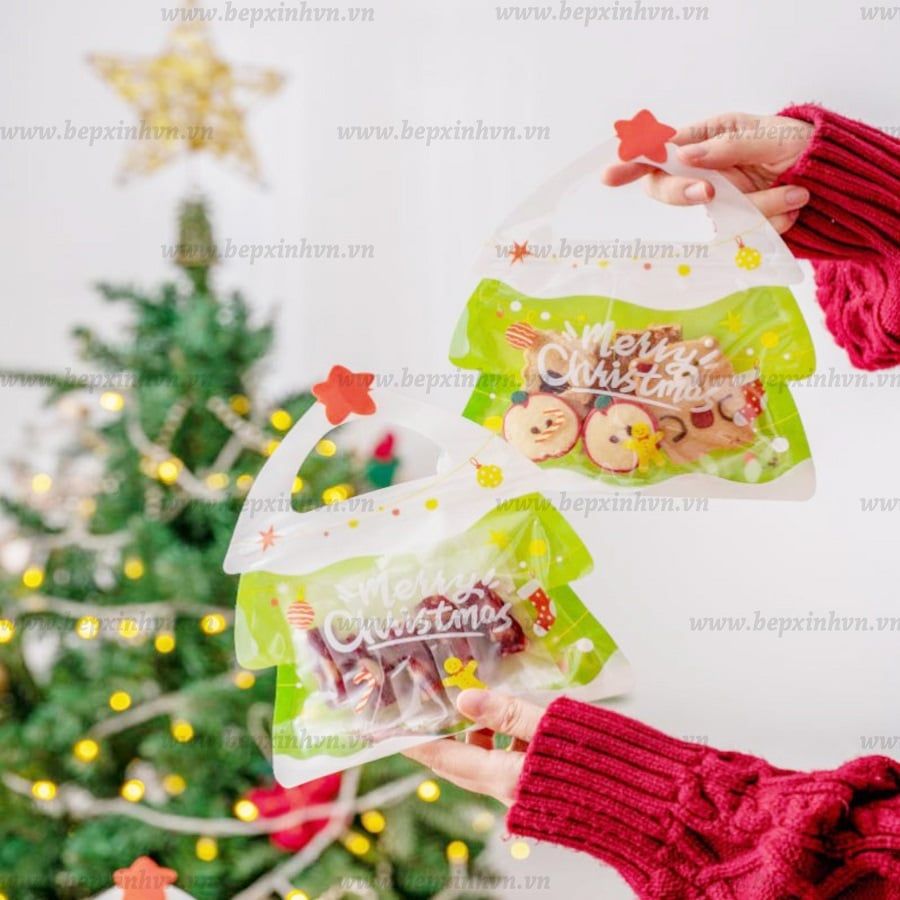 Túi zip đựng bánh kẹo quai xách Giáng Sinh hình cây thông
