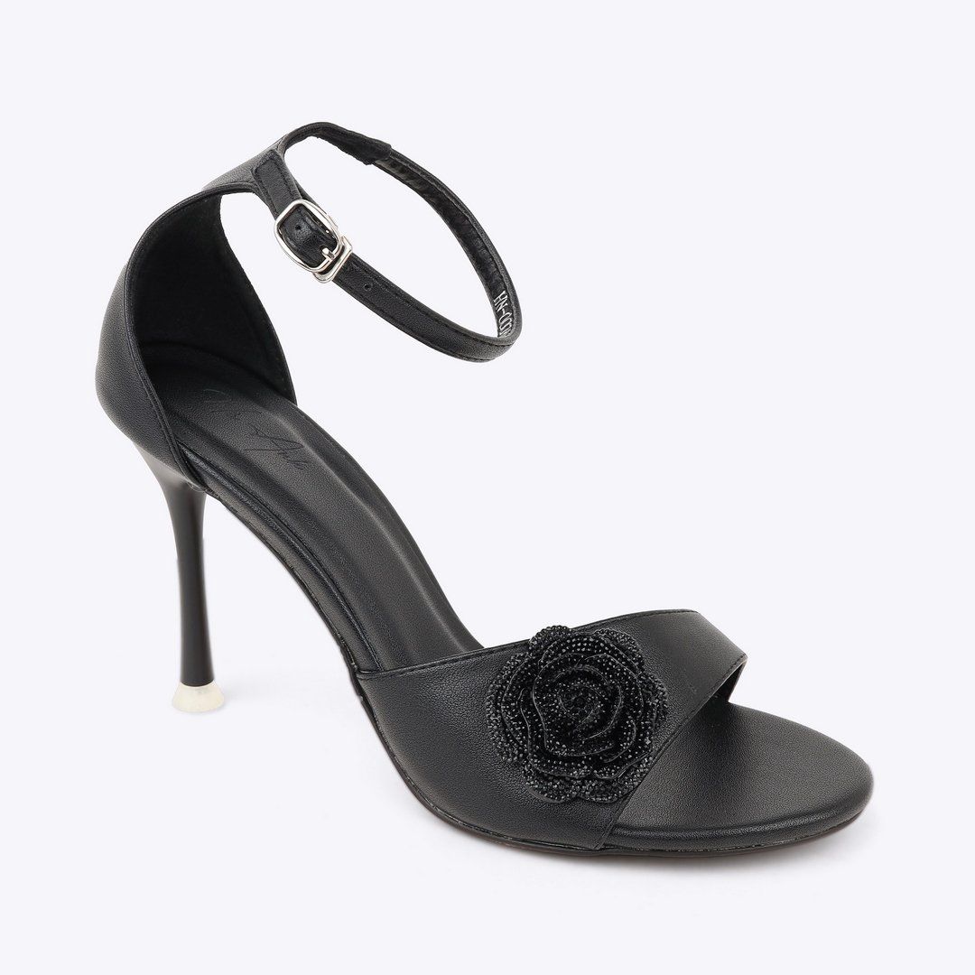  Sandal cao gót nữ quai đính hoa hồng NH-4 đen 