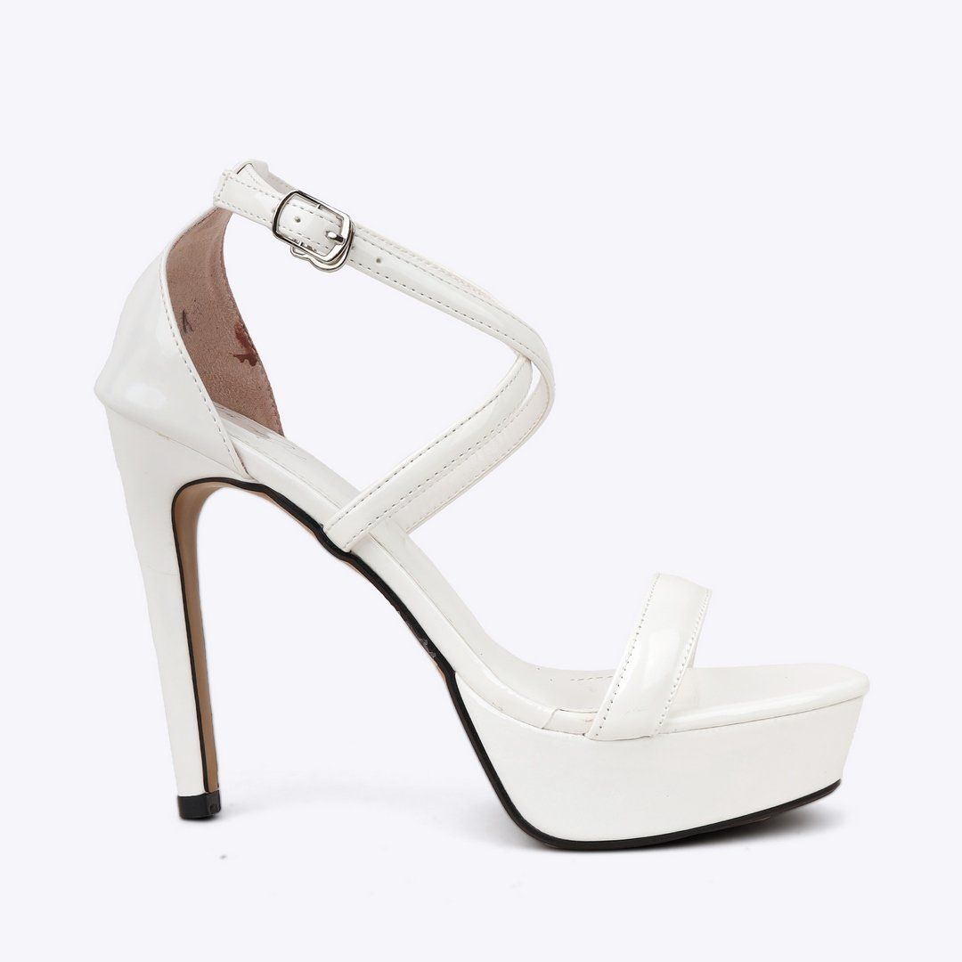  Sandal cao gót nữ da bóng quai cài chéo TG-2 trắng 