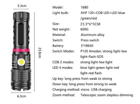  Đèn pin dã ngoại SharkDragon P120 2500lumen + COB RBG 