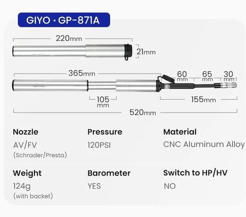  Bơm xe đạp mini Giyo GP-871A 120 PSI 