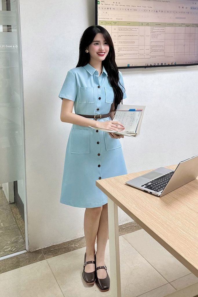 Đầm dáng A túi ốp diễu chỉ đai rời - V63R24H002