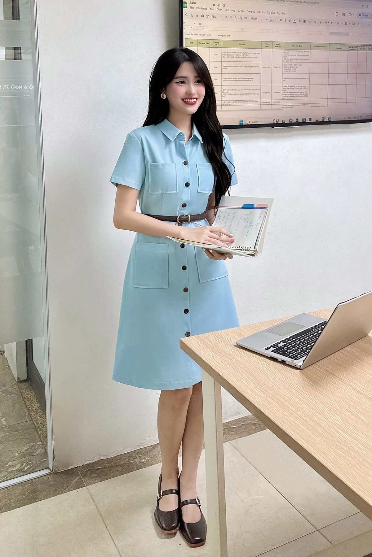 Đầm dáng A túi ốp diễu chỉ đai rời - V63R24H002