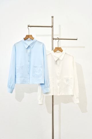 Áo sơ mi dáng rộng; cổ đức; túi ốp - H61H25Q002