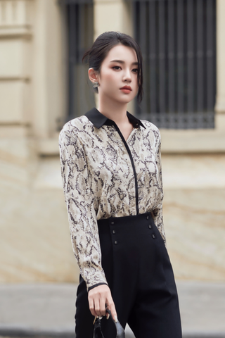 Áo sơ mi lụa họa tiết phối cổ  - L61H25Q006