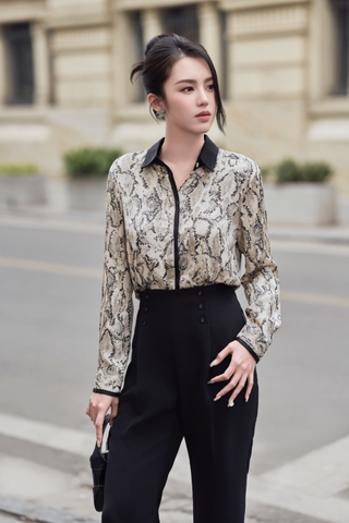 Áo sơ mi lụa họa tiết phối cổ  - L61H25Q006
