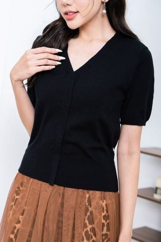 áo len cổ tim tay bồng đính cúc - L61W23T007