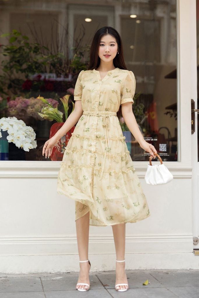 Đầm maxi cổ V nhún bèo nơ eo - L63M24H072
