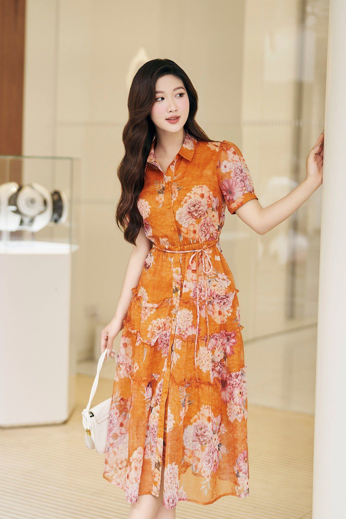 Đầm maxi nơ eo nhún bèo 3 tầng - L63M24H076