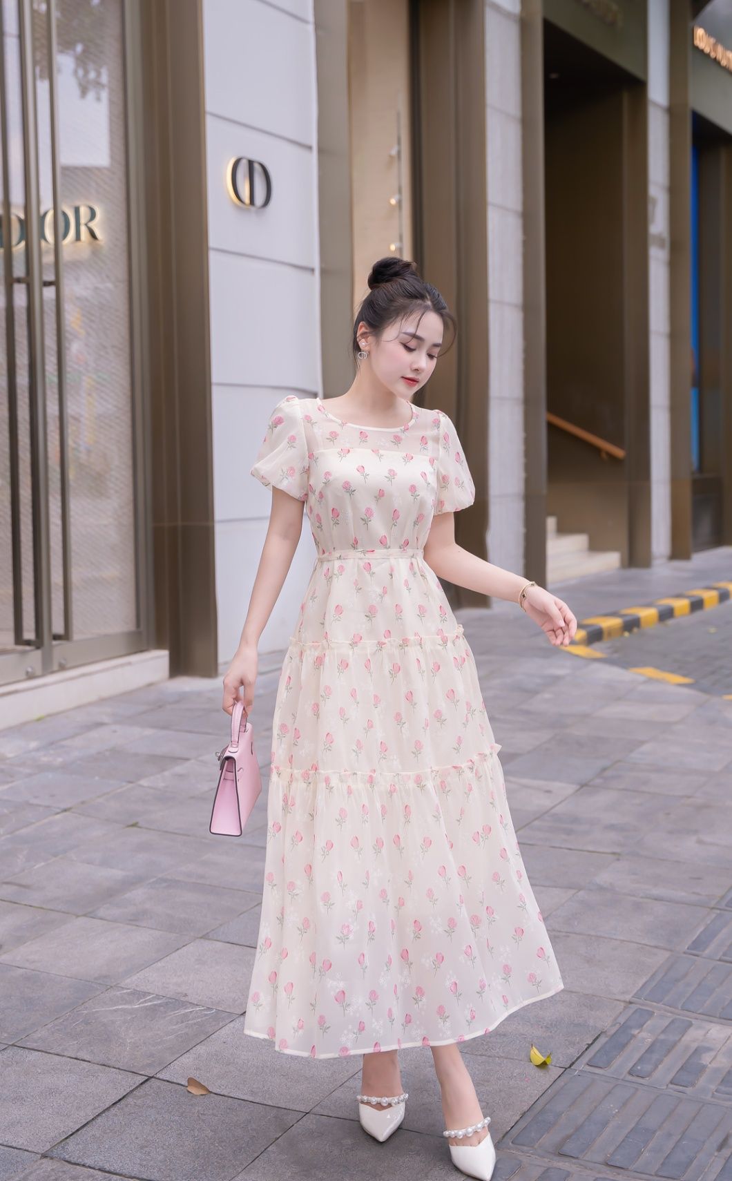 Đầm maxi nhún kẹp bèo nơ eo - L63M25H030