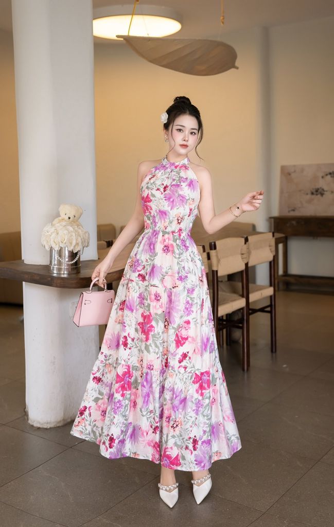 Đầm cổ yếm buộc nơ nhún 3 tầng - L63M25H031