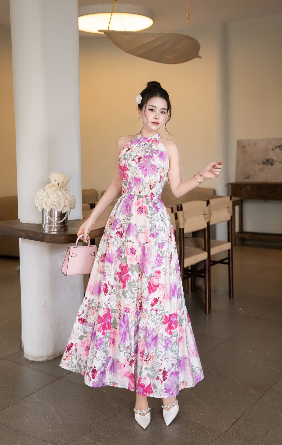Đầm cổ yếm buộc nơ nhún 3 tầng - L63M25H031