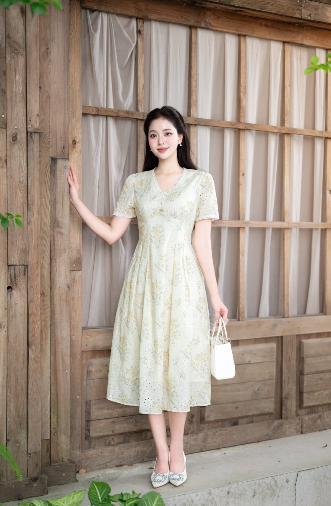 Đầm maxi xếp ly eo cổ kẹp ren - L63M25H047
