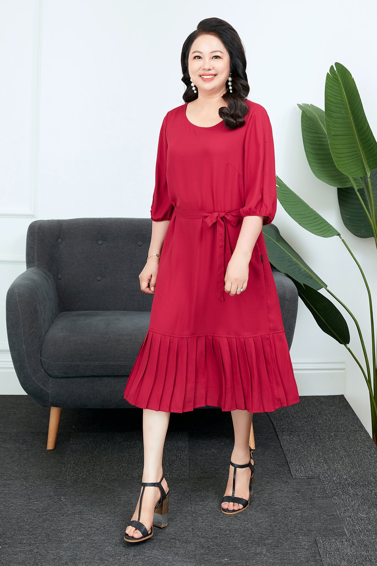 Đầm xếp ly dài tay phối ren đai eo thắt lưng  Váy Đầm