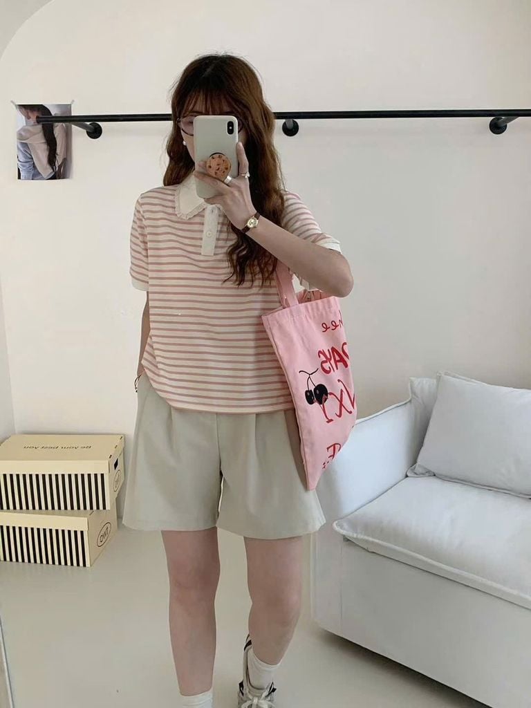Áo thun croptop cổ phối viền ren - P61B25H011