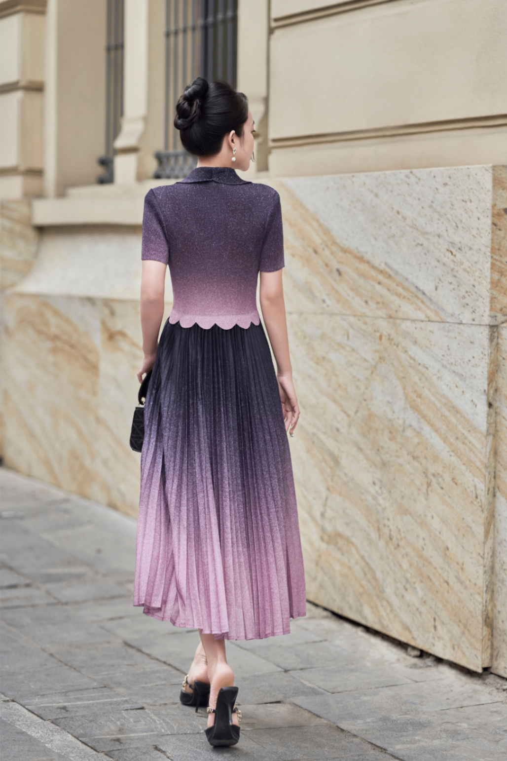 Đầm xòe ombre cổ 2 ve tùng dập ly - N63L25H018
