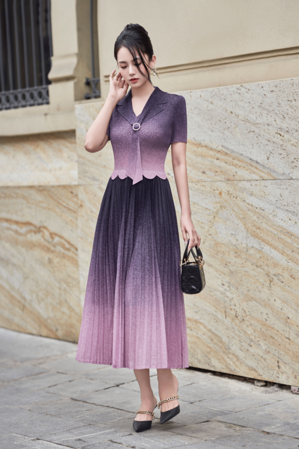 Đầm xòe ombre cổ 2 ve tùng dập ly - N63L25H018