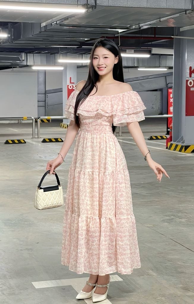 Đầm maxi nhún tầng trễ vai - N63M24H016
