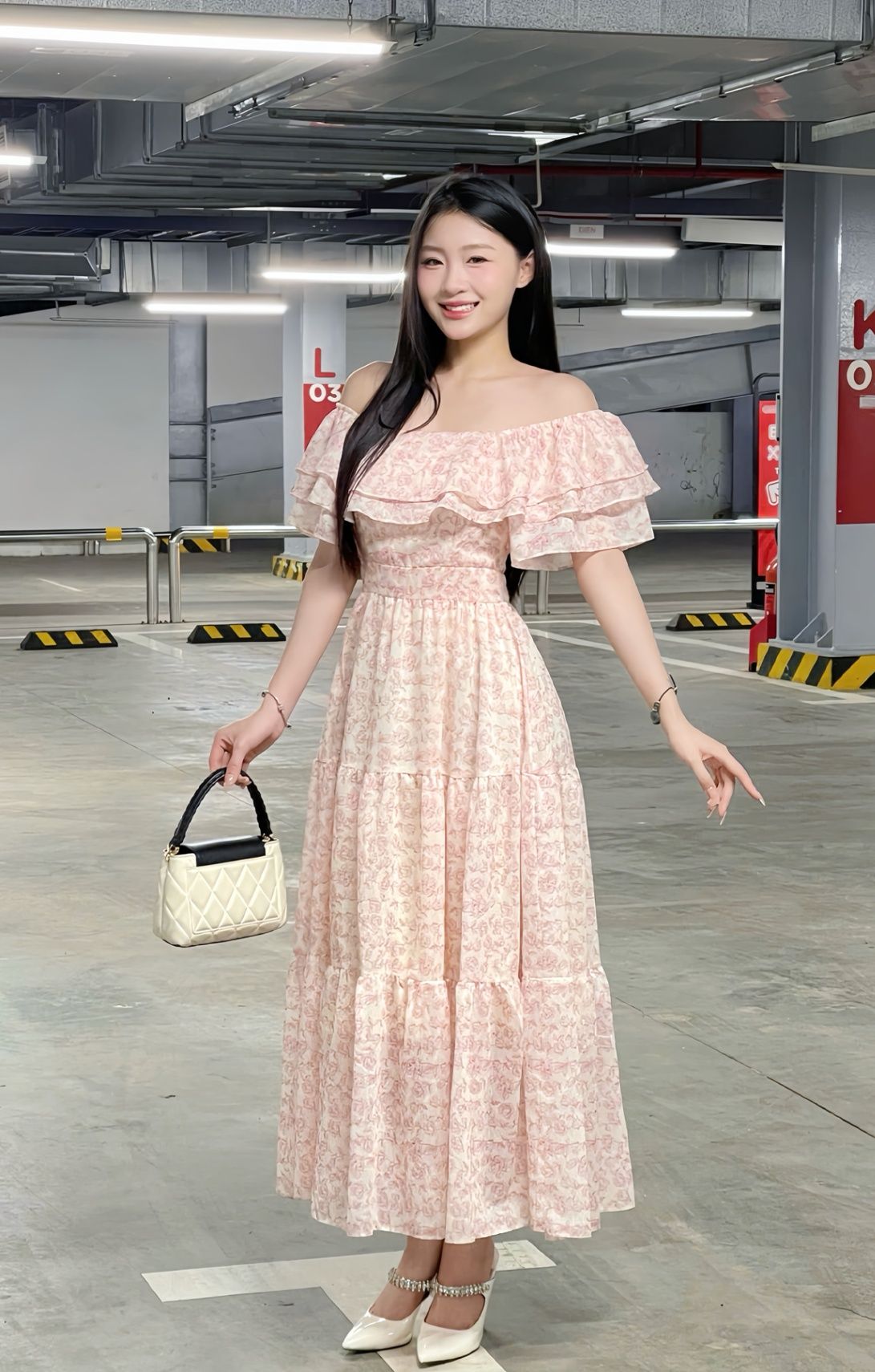 Đầm maxi nhún tầng trễ vai - N63M24H016