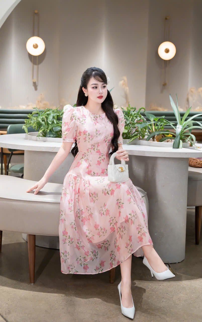 Đầm dài cổ tròn tay bồng chi tiết hoa - N63M25H098