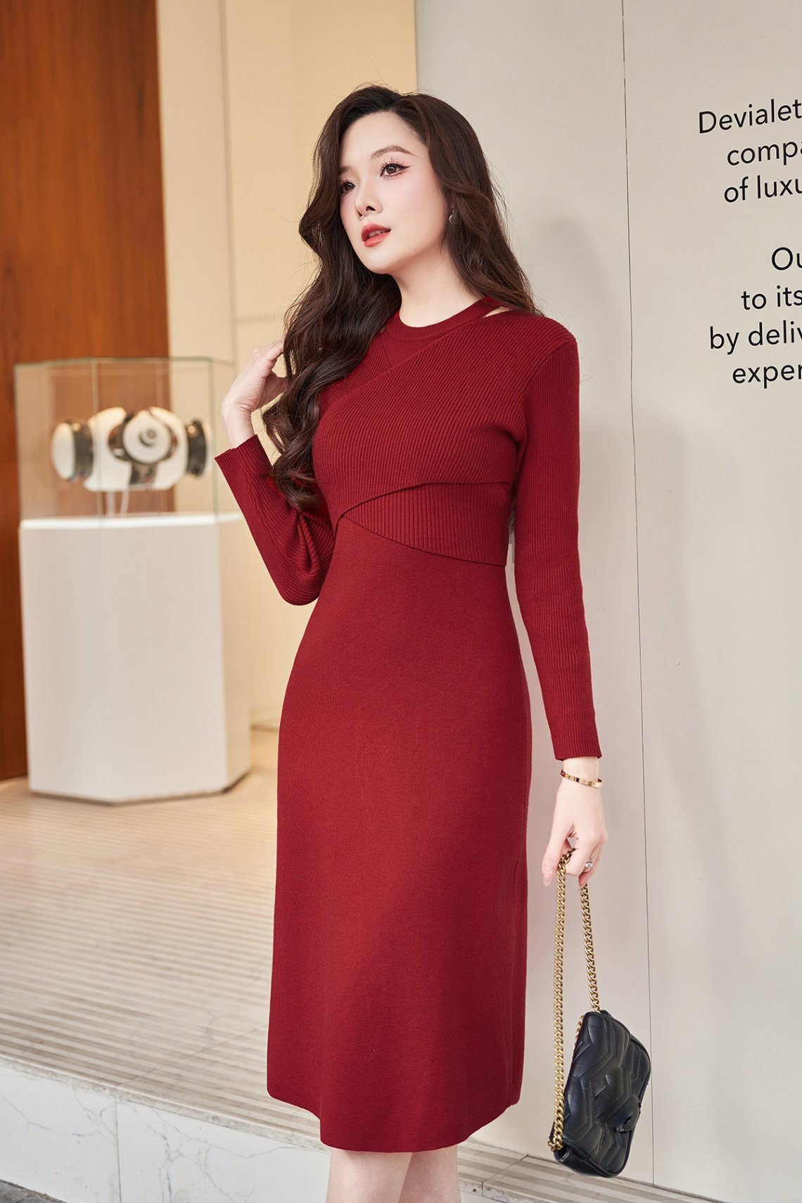 Đầm len dài tay dáng dài cổ cut out - N63R24T019