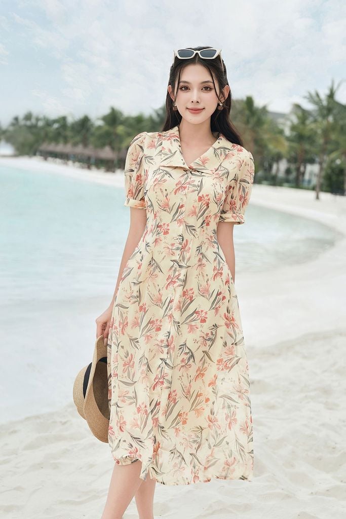 Đầm dáng dài cổ bẻ cài cúc - O63M24H009
