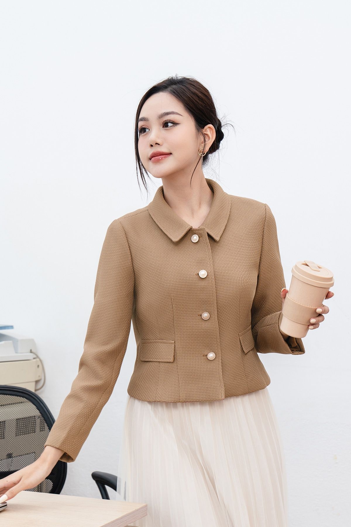 áo dạ tweed cài cúc cổ bẻ - O65W23T001