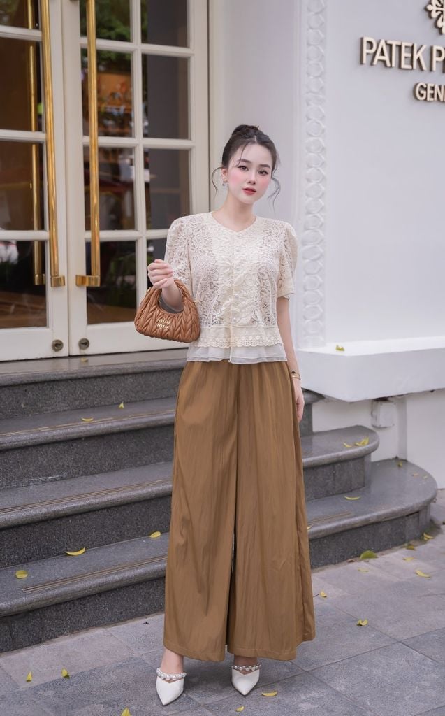 Áo cổ tròn tay bồng phối ren - P61B25H045